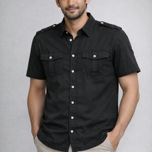 Guess Shirt Button Down Mens XXL Black Short Sleeve Cotton